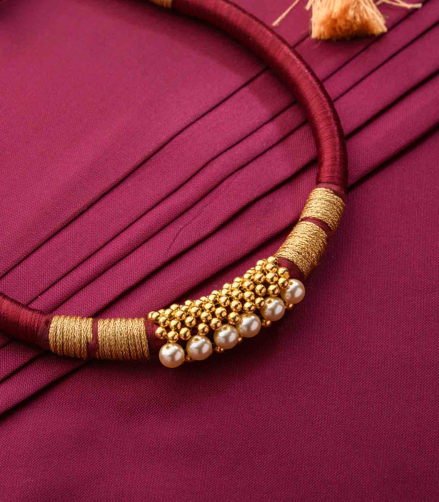 Rust Maroon Thread Goph Necklace, gold necklace women