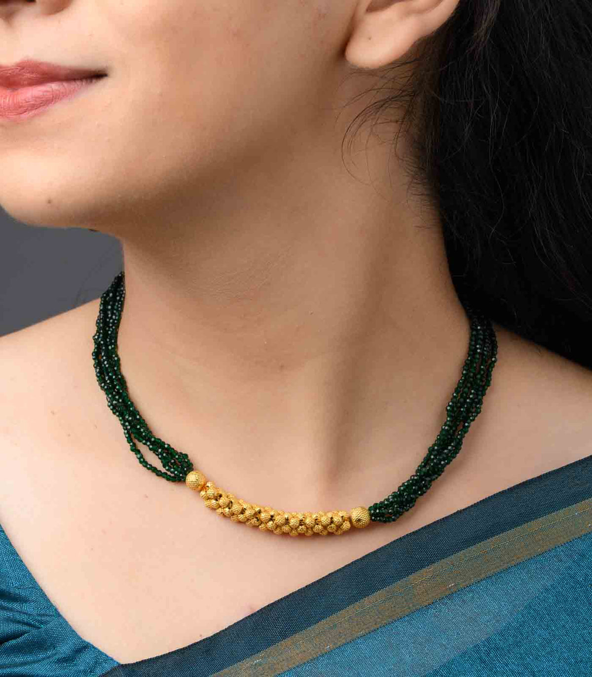 Green Beads Linear Pendant Necklace