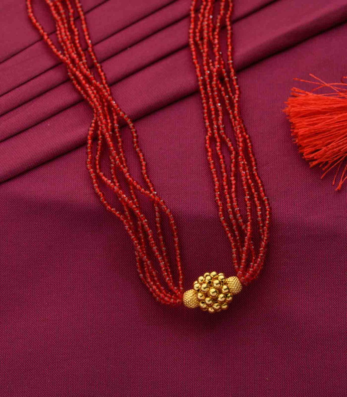 Blood Red Beads Radiant Gold Pendant Necklace