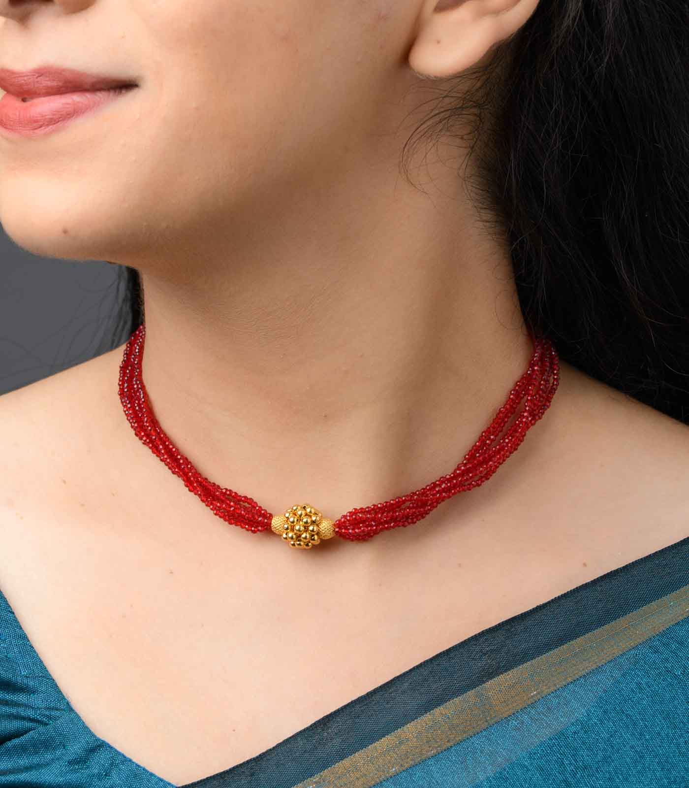 Blood Red Beads Radiant Gold Pendant Necklace