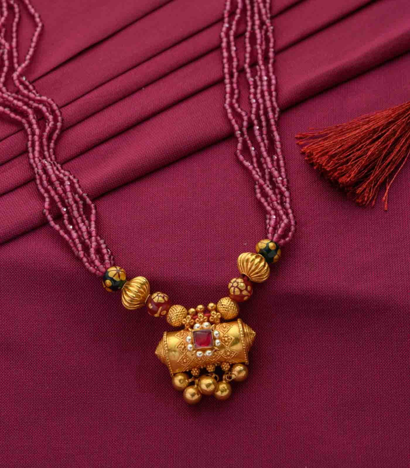 Maroon Beads Bulky Pendant Necklac, beaded necklace, gold cross necklace, gold necklace women, gold pendant necklace, gold necklace for women